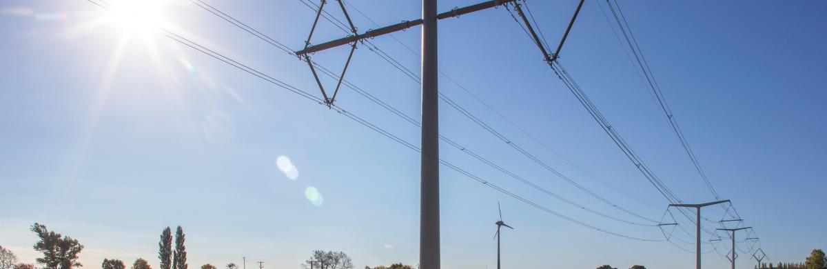 A landscape of grass and soil under a blue and sunny sky with electricity pylons and cabling overhead